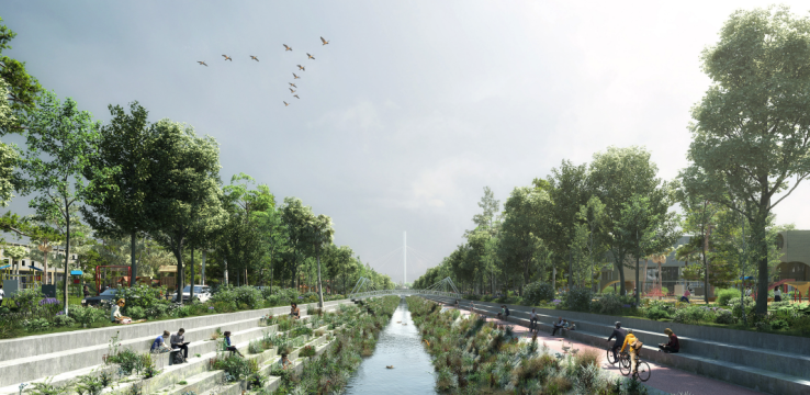 computer rendering of a concrete creek channel that has been converted to public space, with a bike path, trees and people sitting on concrete steps in the creek bed,