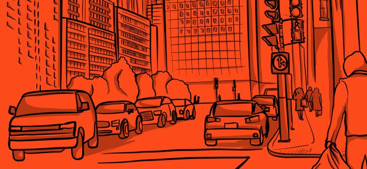 Orange background, Illustration of city from the street level with cars, traffic lights, a crosswalk, sparse greenery, and a few pedestrians.