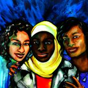 Illustration of three minority women, "We All Belong Here" by Micah Bazant
