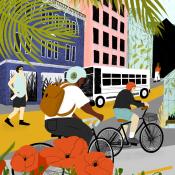 Illustration of City Scene with Bicyclists and Poppies, Danie Drankwalter